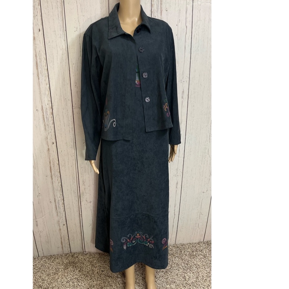 Vintage 2 Piece Set Jessica Howard Faux Suede Maxi Dress Size 8 Blue Gray